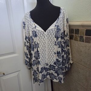 Free People Boho Peasant Western Blue Ivory Floral Flowy Romantic Top Small